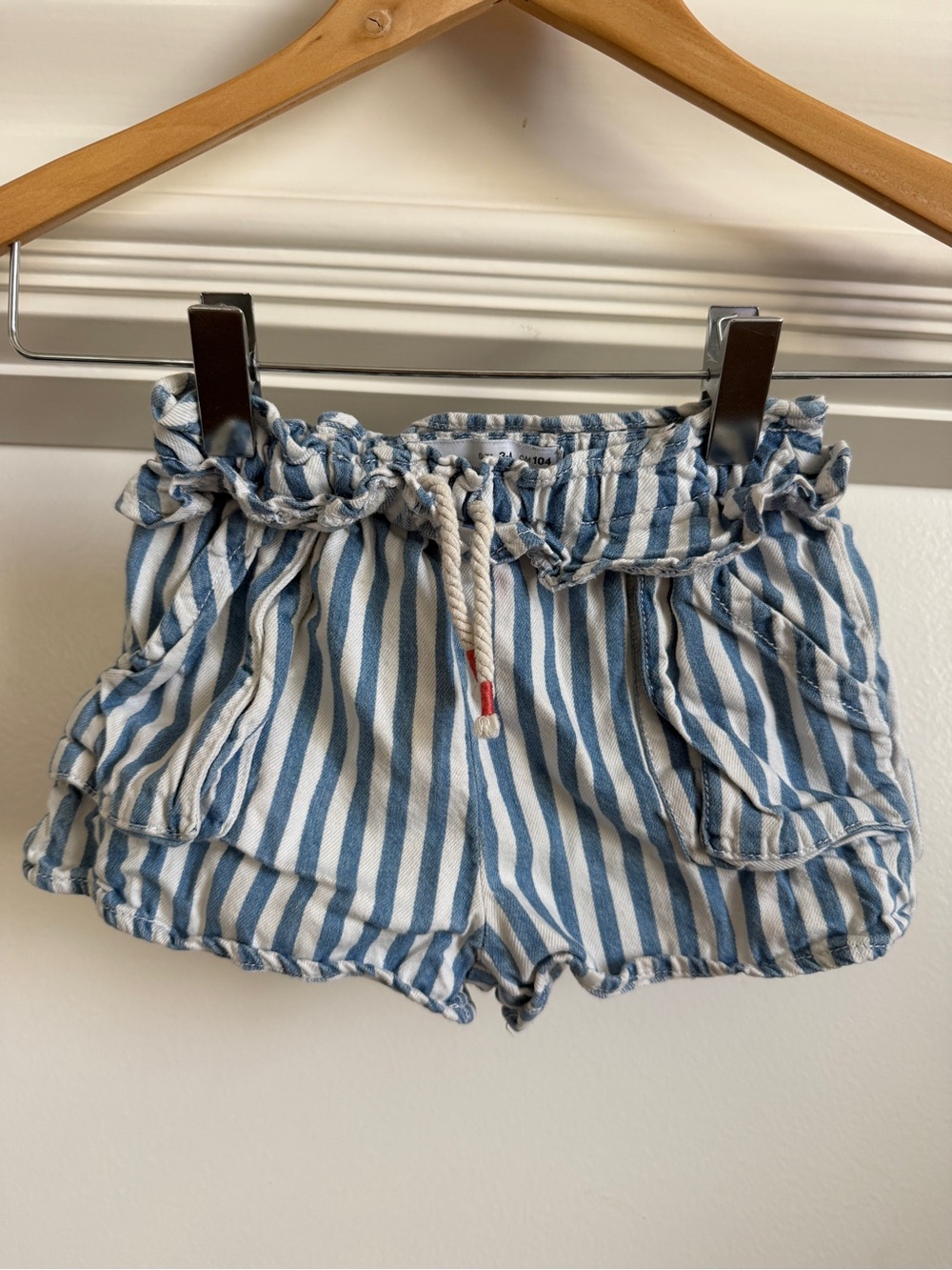 Zara Blue & White Striped Paperbag Waist Shorts with Drawstring